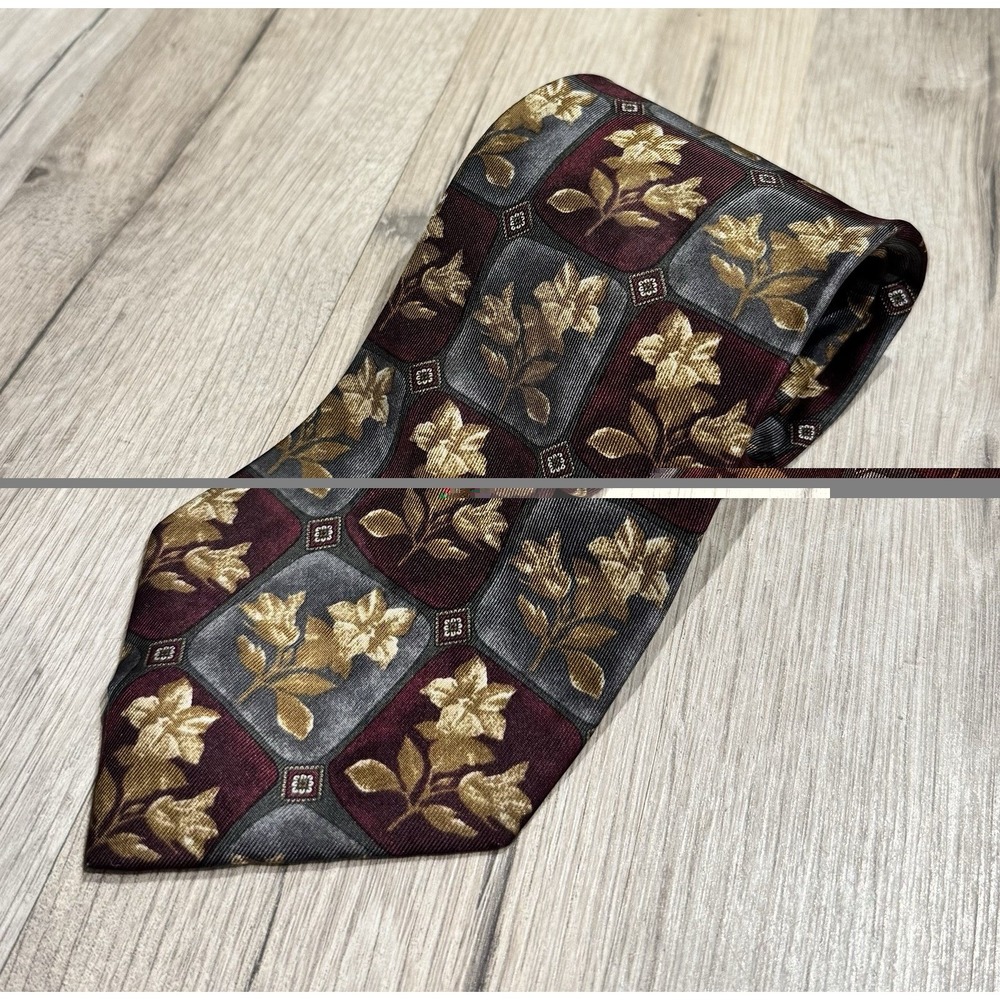 Robert Stock 100% Silk Burgundy/Gray/Gold Floral Woven Designer Men's Tie